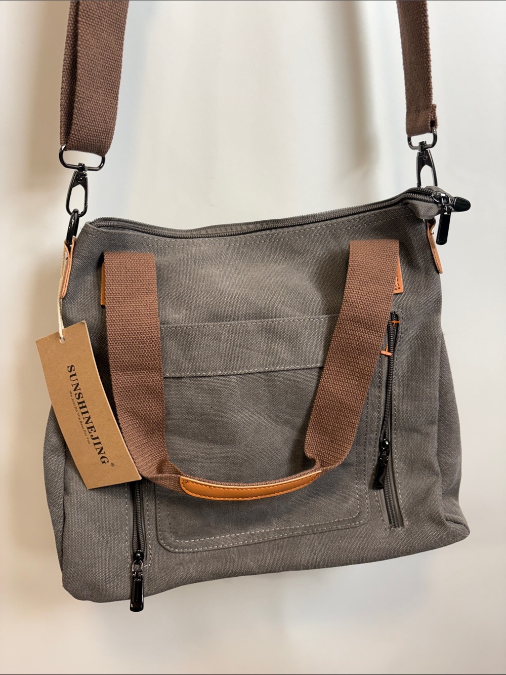 Gray Canvas Crossbody Tote with Brown Straps